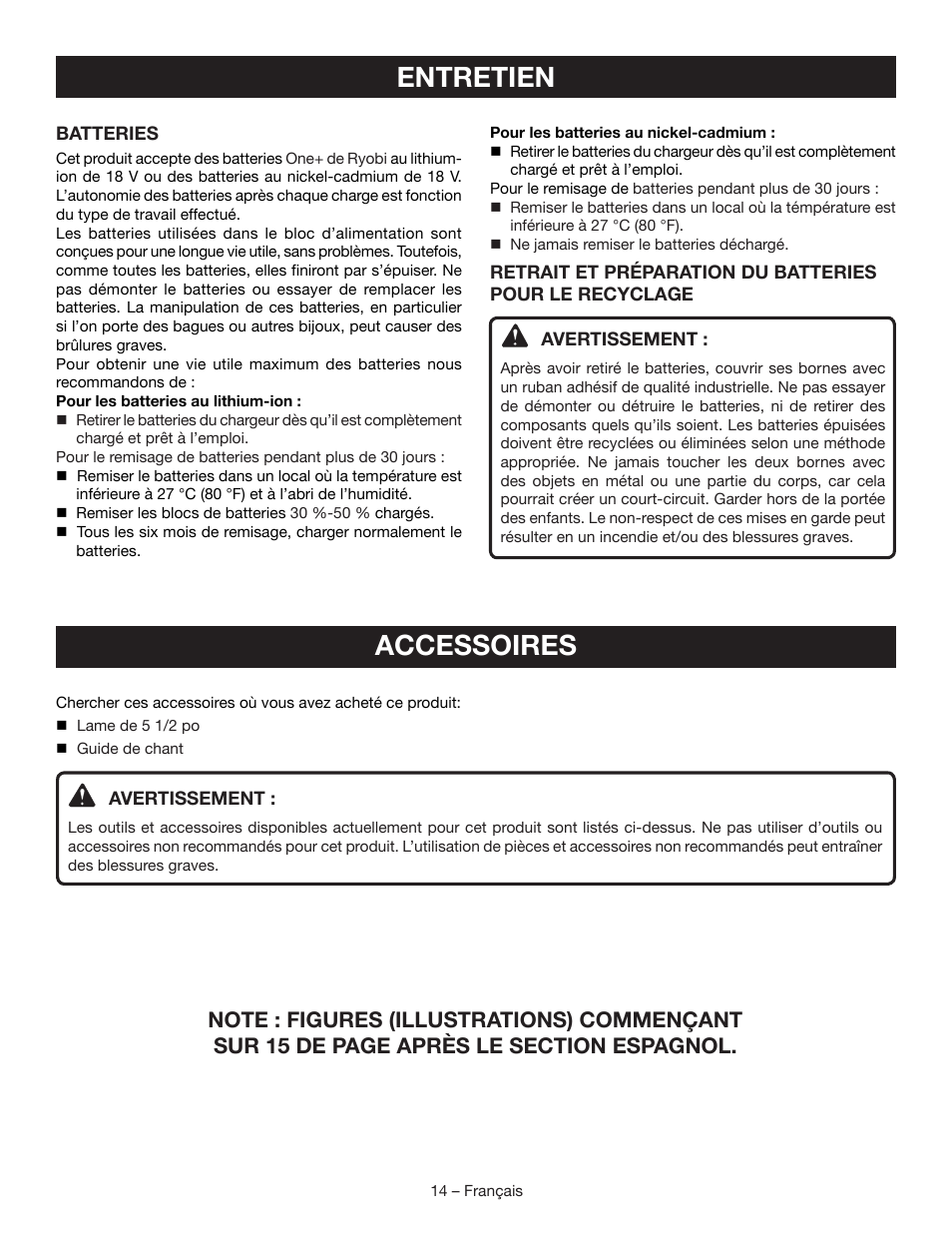 Accessoires, Entretien | Ryobi P503 User Manual | Page 27 / 44