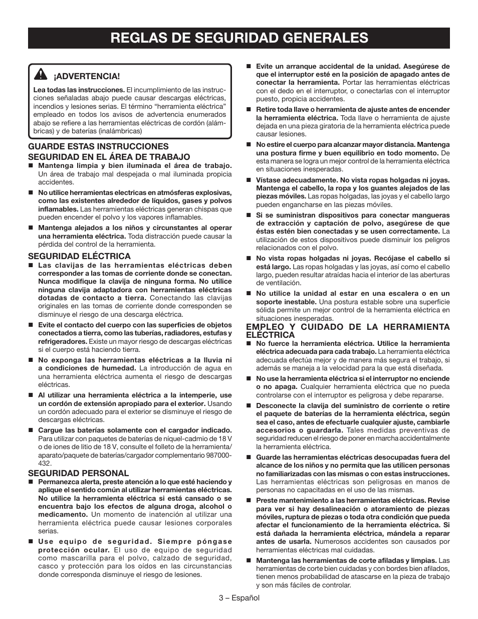 Reglas de seguridad generales | Ryobi P503 User Manual | Page 29 / 44