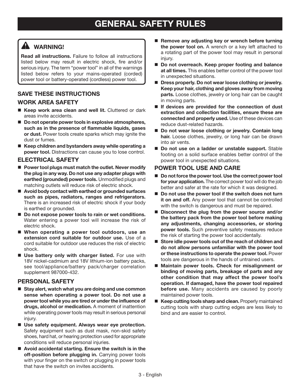 General safety rules | Ryobi P503 User Manual | Page 3 / 44