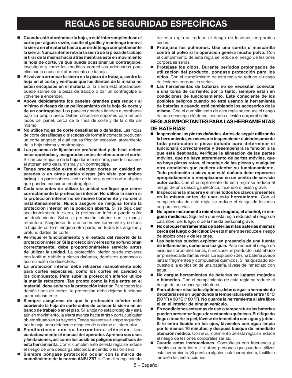 Reglas de seguridad específicas | Ryobi P503 User Manual | Page 31 / 44