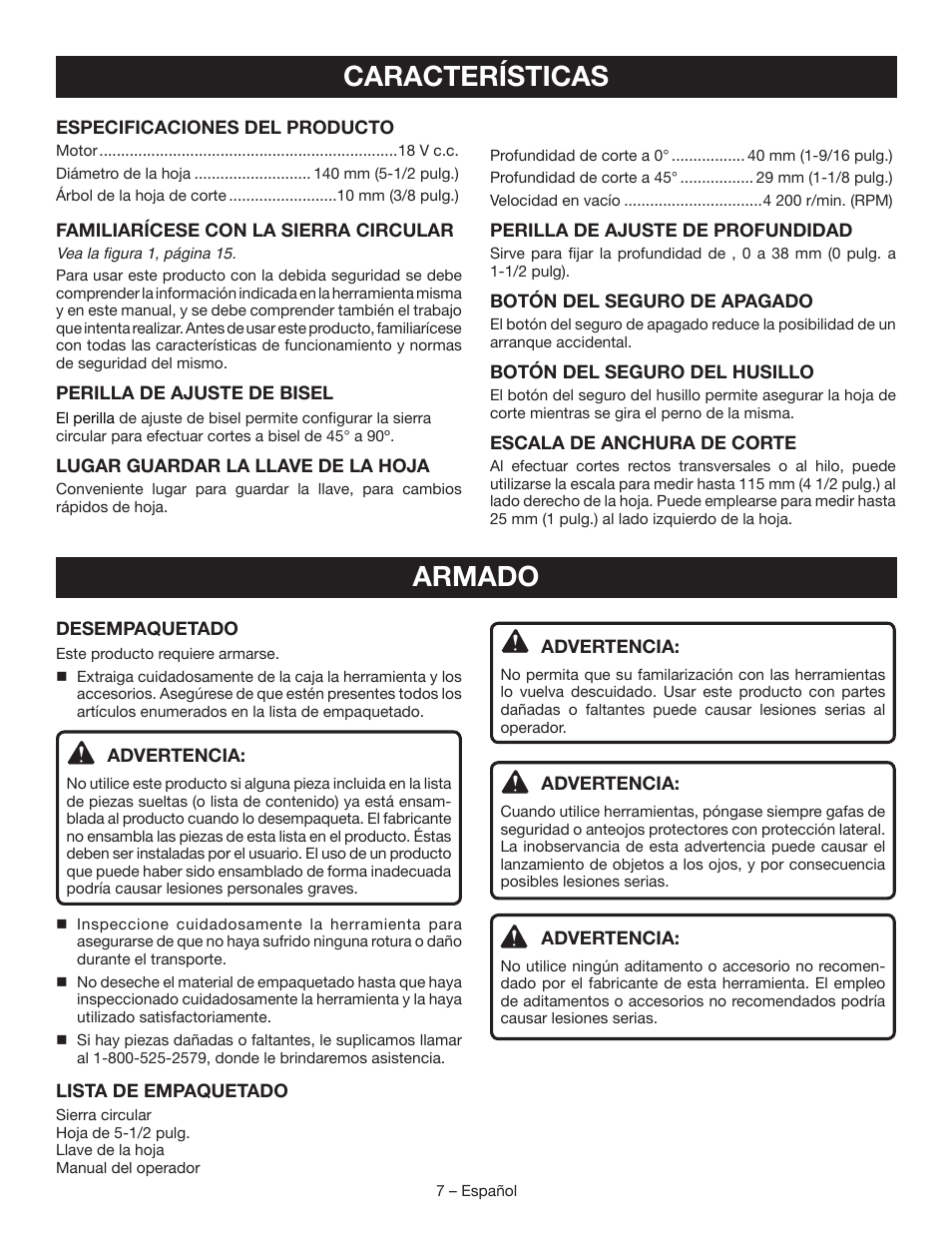 Características, Armado | Ryobi P503 User Manual | Page 33 / 44