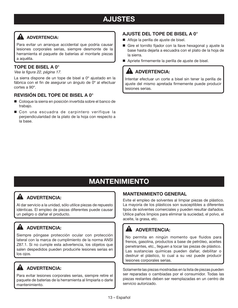 Mantenimiento, Ajustes | Ryobi P503 User Manual | Page 39 / 44