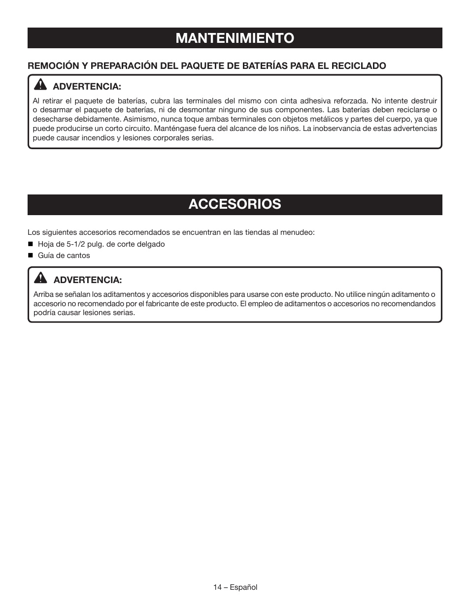 Accesorios, Mantenimiento | Ryobi P503 User Manual | Page 40 / 44