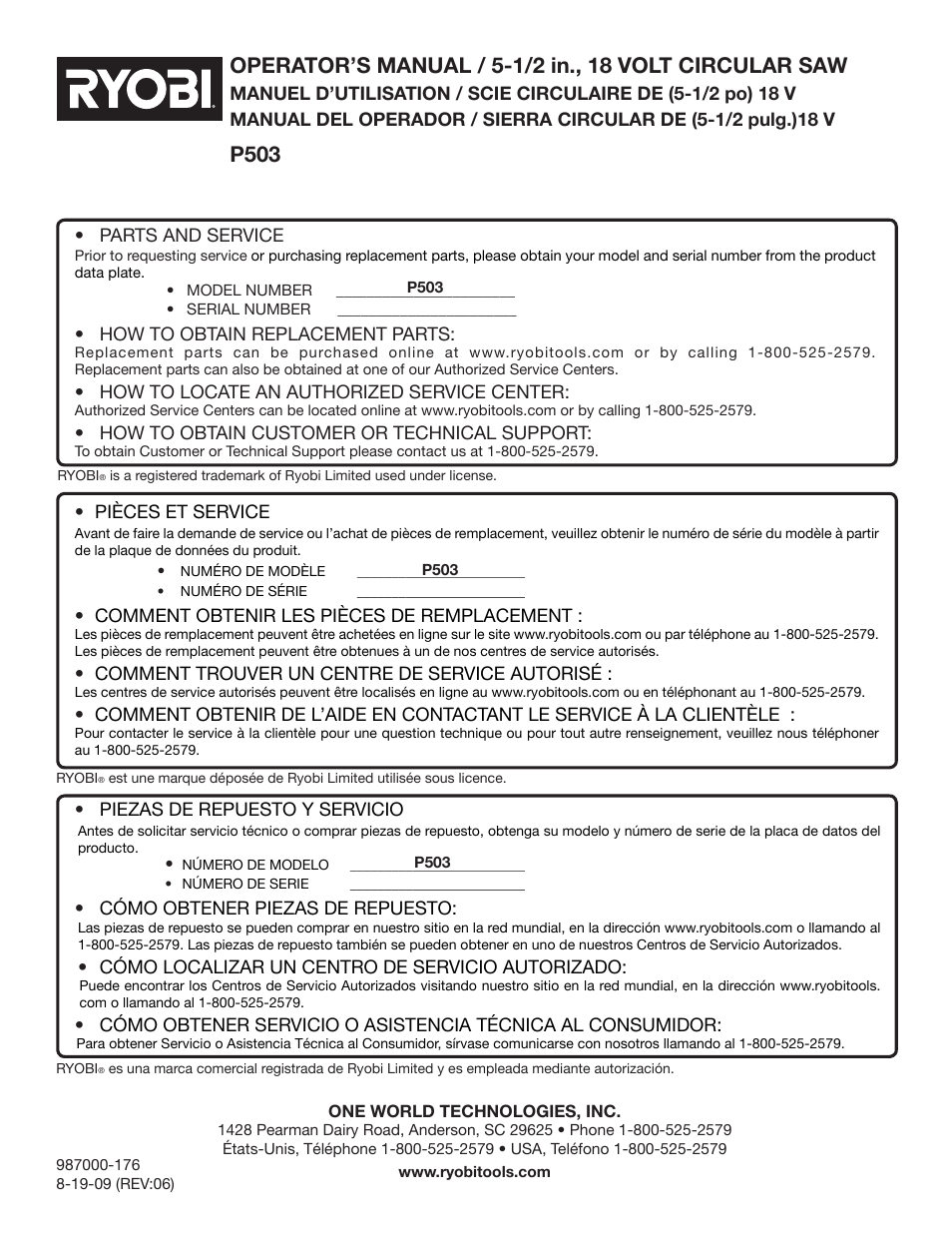 P503 | Ryobi P503 User Manual | Page 44 / 44