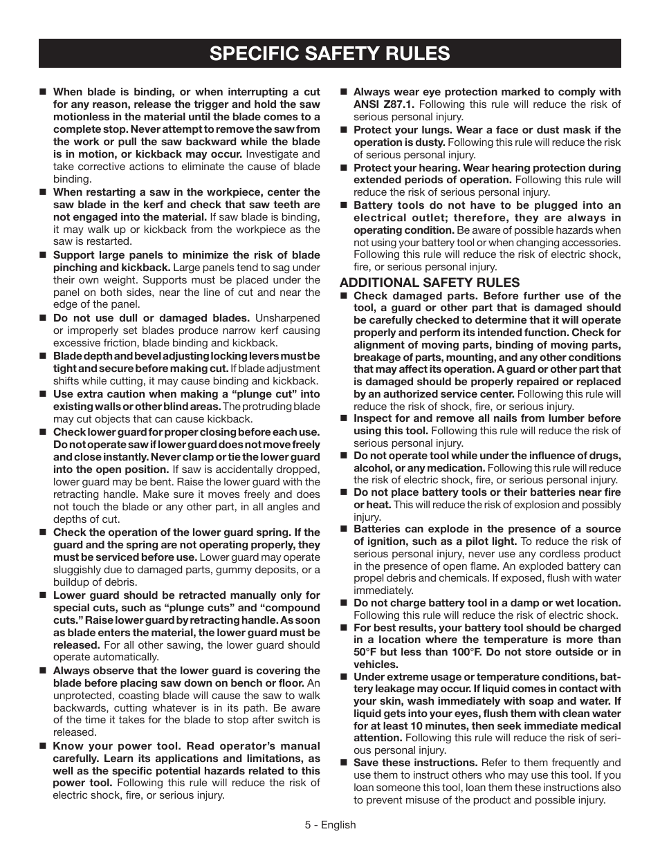 Specific safety rules | Ryobi P503 User Manual | Page 5 / 44