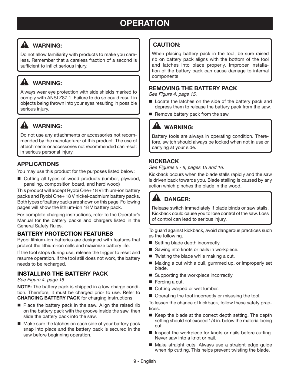 Operation | Ryobi P503 User Manual | Page 9 / 44
