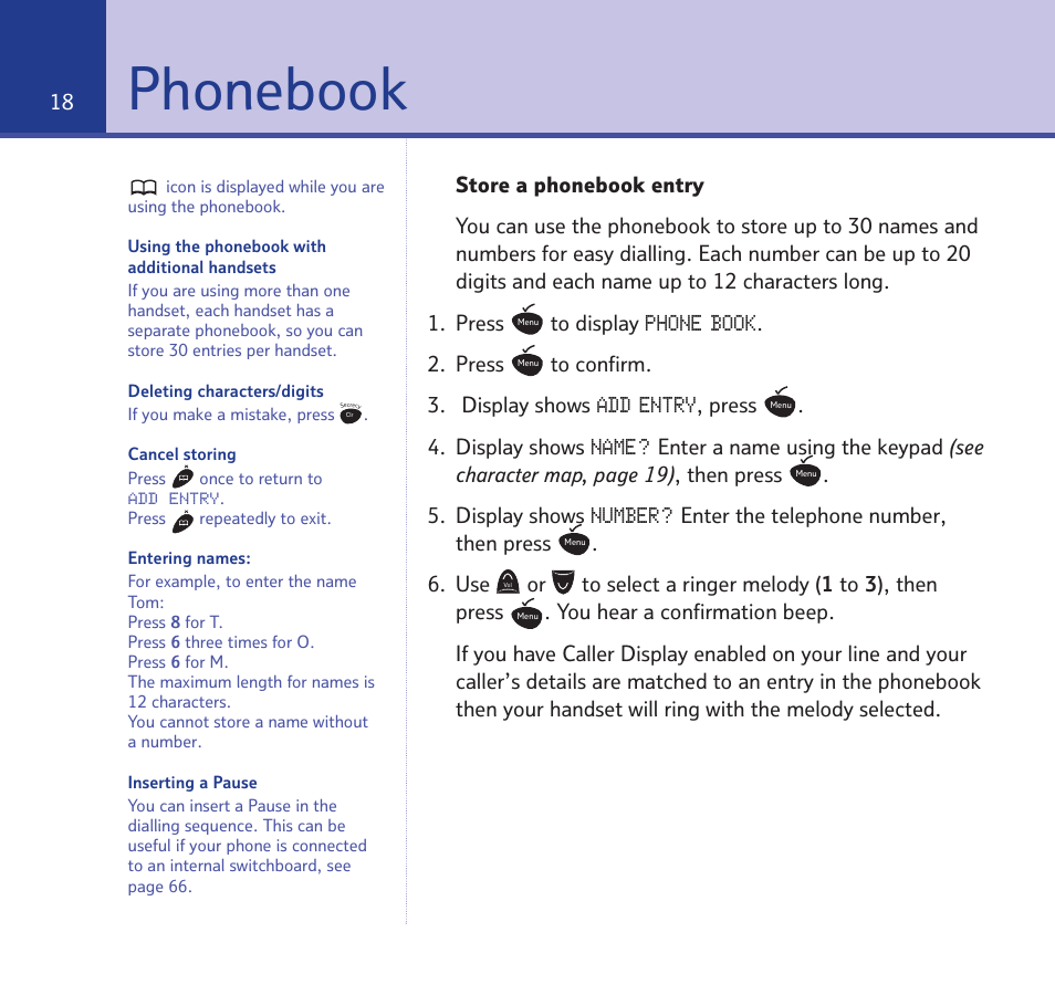 Phonebook, Phone book, Add entry | Name, Number | BT Quartet 1500 User Manual | Page 18 / 68