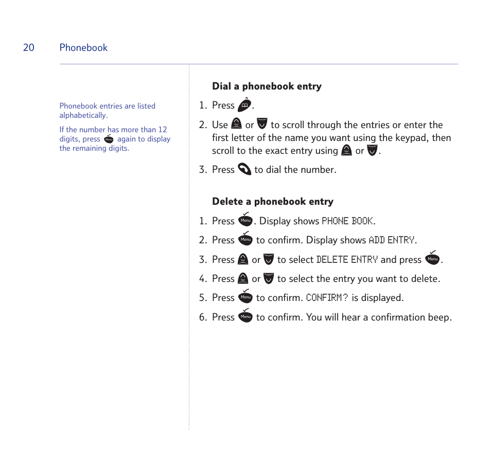 Phone book, Add entry, Delete entry | Confirm | BT Quartet 1500 User Manual | Page 20 / 68