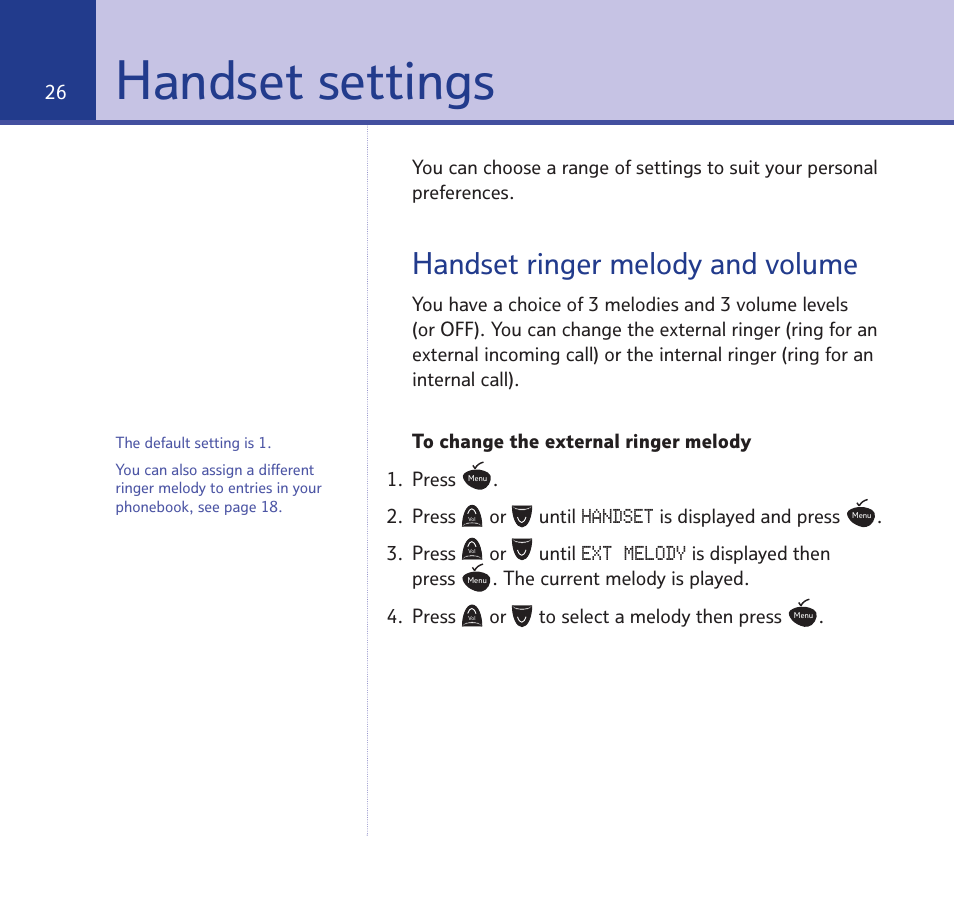 Handset settings, Handset ringer melody and volume | BT Quartet 1500 User Manual | Page 26 / 68