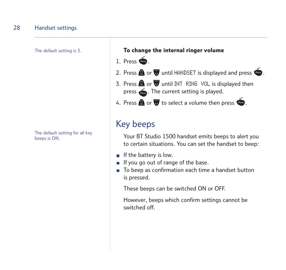 Key beeps, Handset, Int ring vol | BT Quartet 1500 User Manual | Page 28 / 68