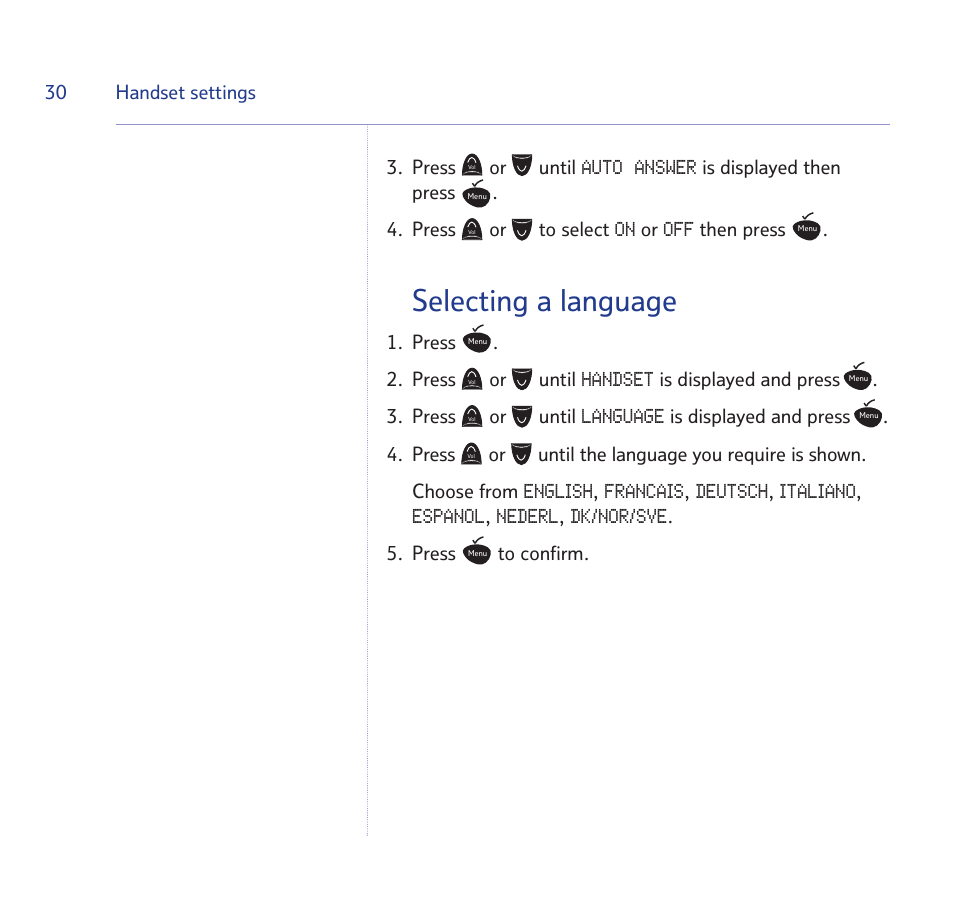 Selecting a language | BT Quartet 1500 User Manual | Page 30 / 68