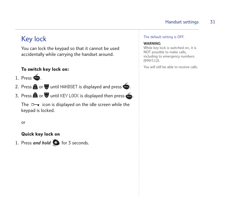 Key lock | BT Quartet 1500 User Manual | Page 31 / 68