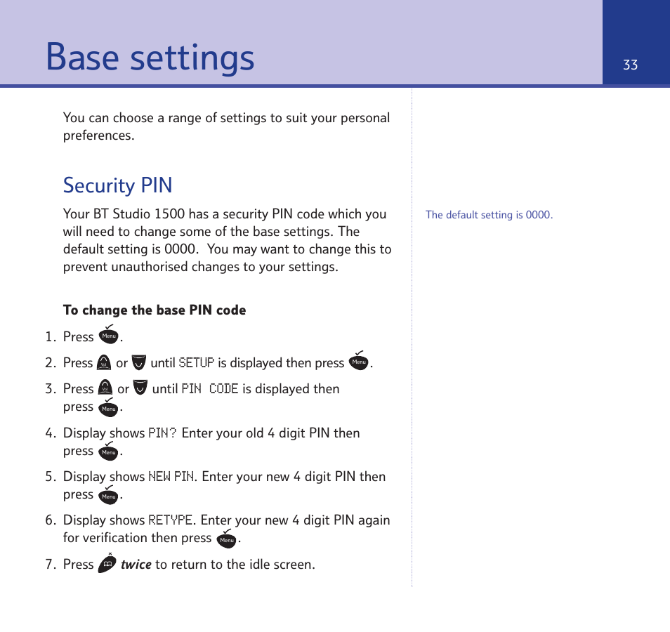 Base settings, Security pin | BT Quartet 1500 User Manual | Page 33 / 68