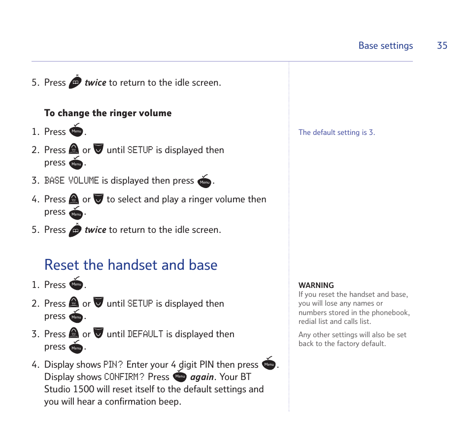 Reset the handset and base, Setup, Base volume | Default, Confirm | BT Quartet 1500 User Manual | Page 35 / 68