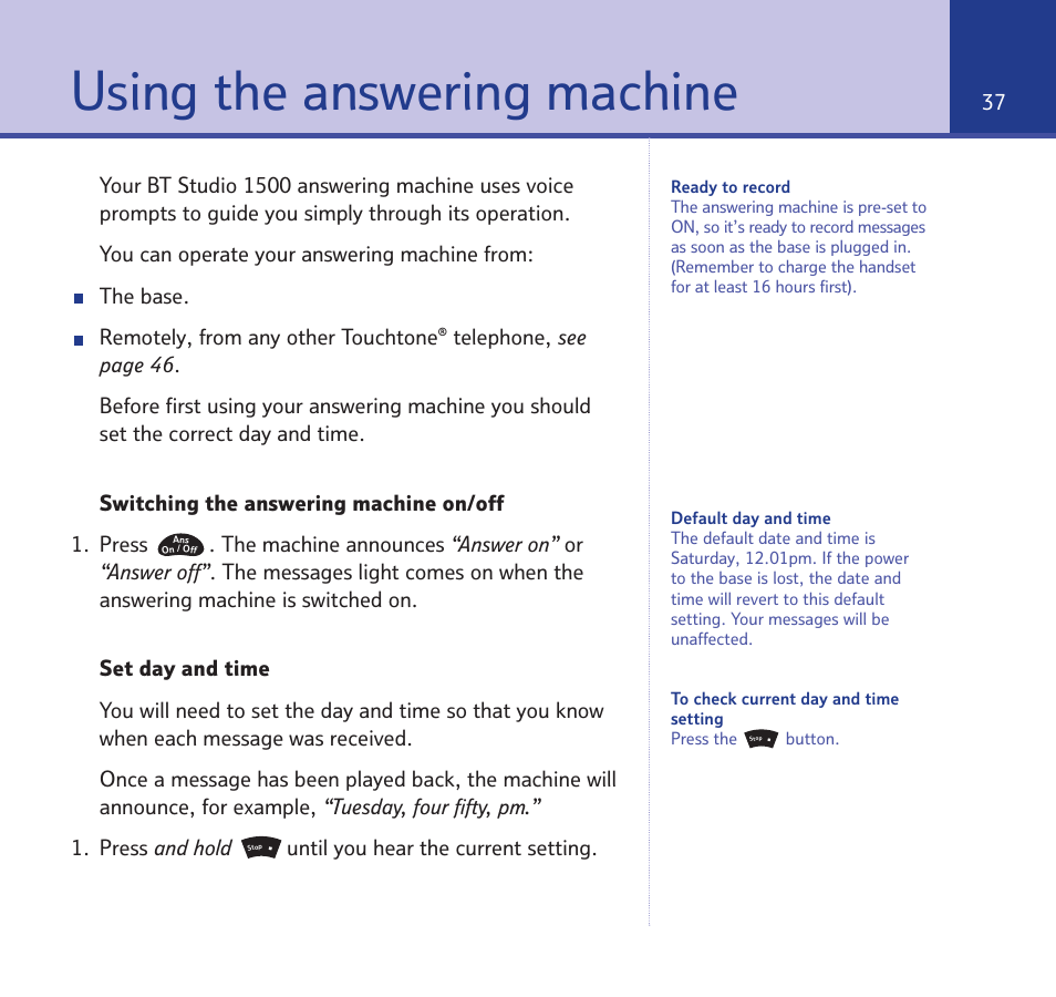 Using the answering machine | BT Quartet 1500 User Manual | Page 37 / 68