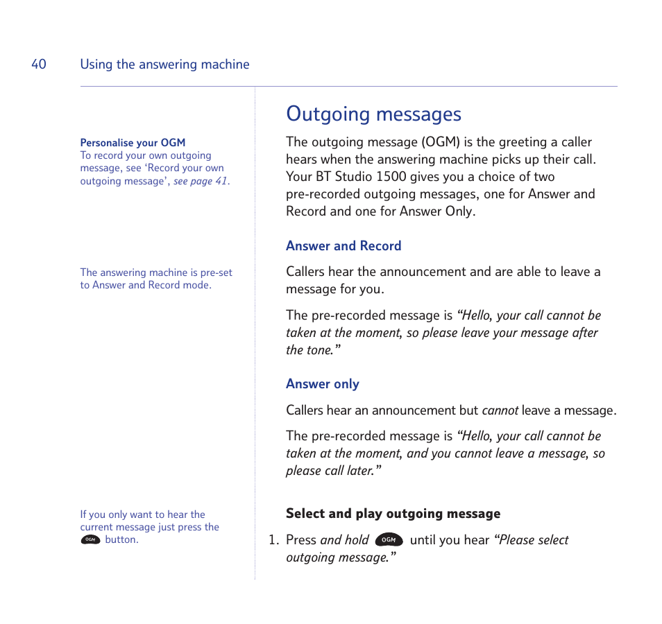 Outgoing messages | BT Quartet 1500 User Manual | Page 40 / 68
