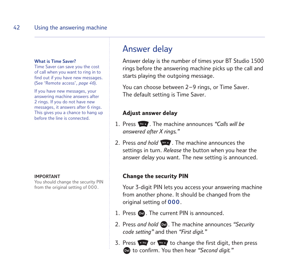 Answer delay | BT Quartet 1500 User Manual | Page 42 / 68