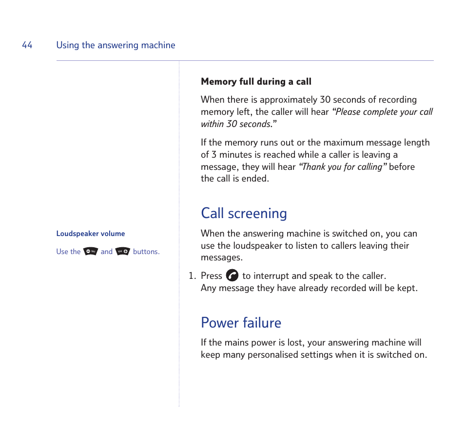 Call screening, Power failure | BT Quartet 1500 User Manual | Page 44 / 68