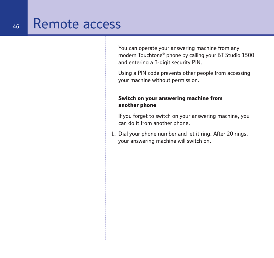 Remote access | BT Quartet 1500 User Manual | Page 46 / 68