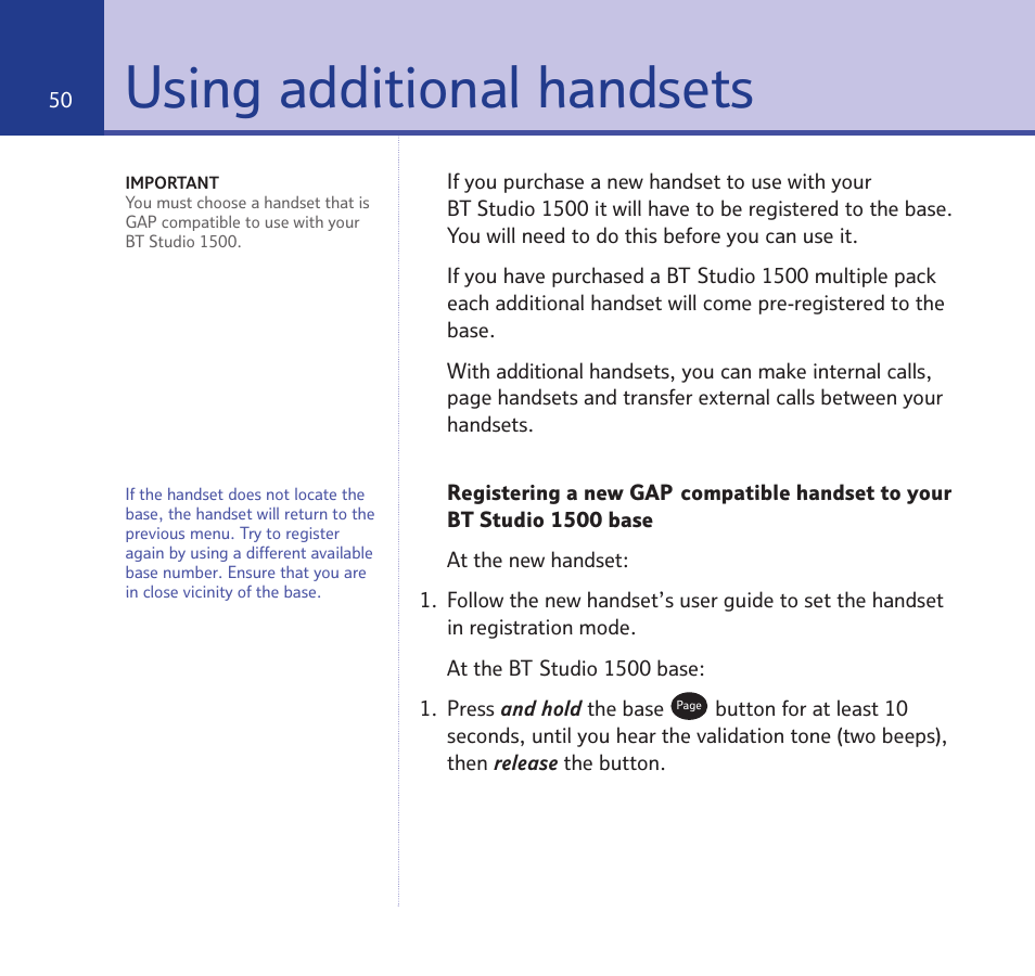 Using additional handsets | BT Quartet 1500 User Manual | Page 50 / 68