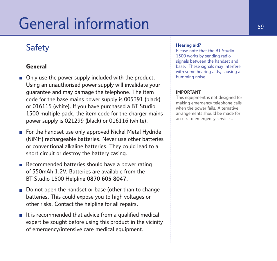 General information, Safety | BT Quartet 1500 User Manual | Page 59 / 68