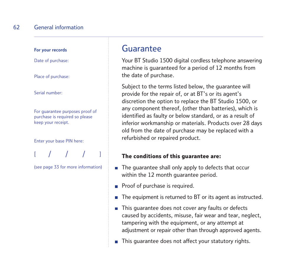 Guarantee | BT Quartet 1500 User Manual | Page 62 / 68