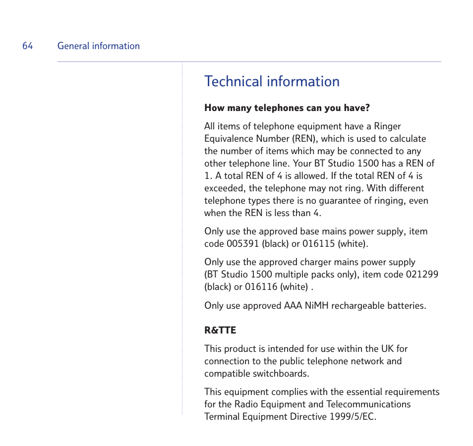 Technical information | BT Quartet 1500 User Manual | Page 64 / 68