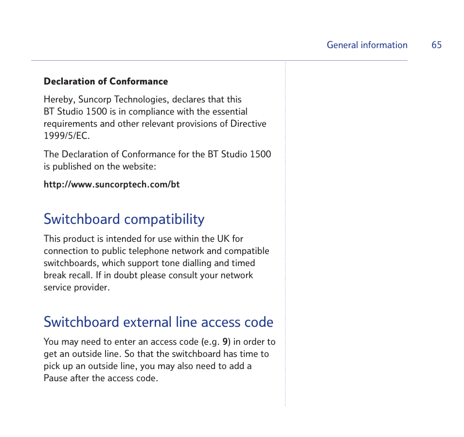 Switchboard compatibility, Switchboard external line access code | BT Quartet 1500 User Manual | Page 65 / 68