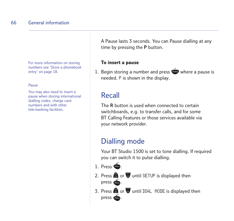 Recall, Dialling mode | BT Quartet 1500 User Manual | Page 66 / 68