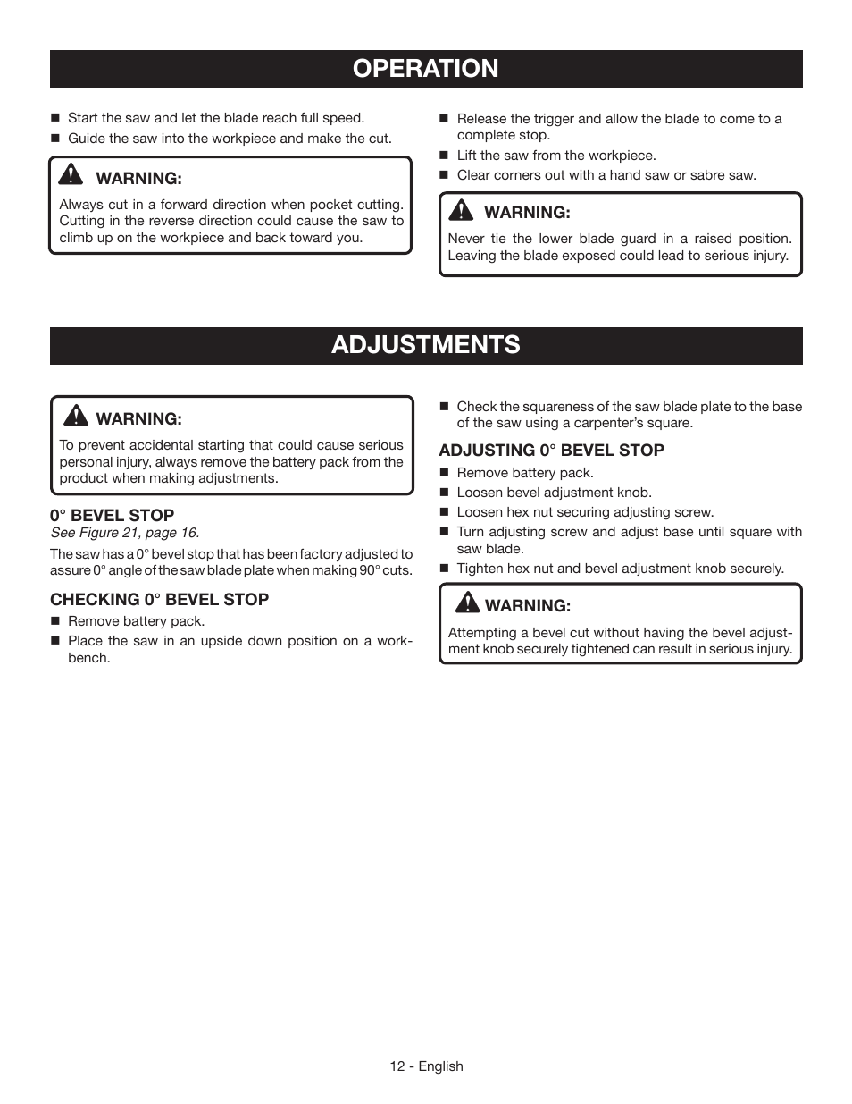 Operation, Adjustments | Ryobi P504 User Manual | Page 12 / 44