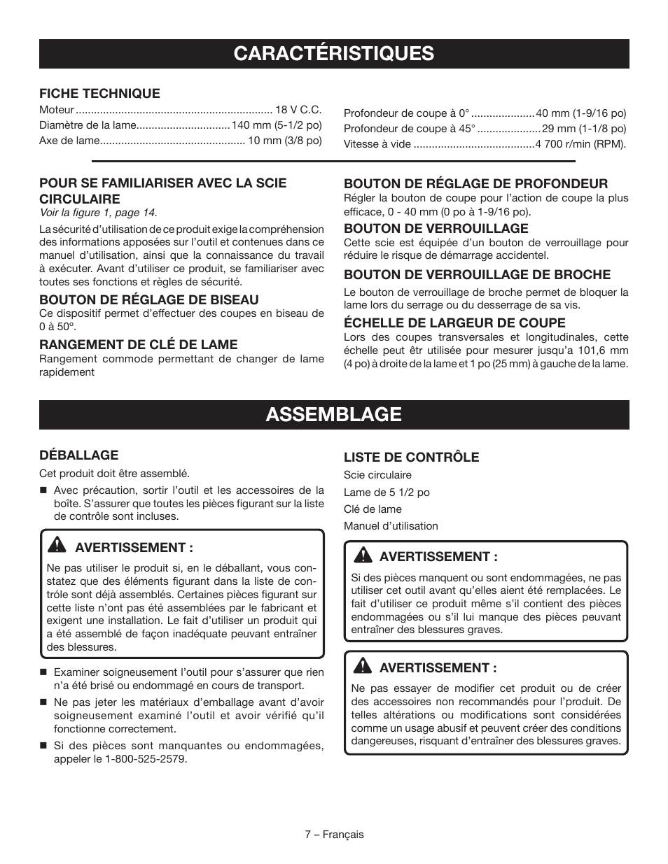 Caractéristiques, Assemblage | Ryobi P504 User Manual | Page 20 / 44
