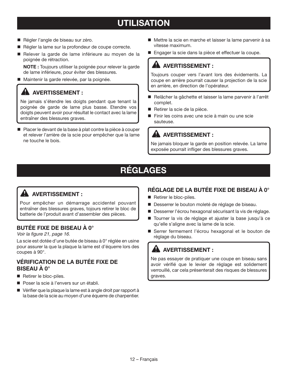 Utilisation, Réglages | Ryobi P504 User Manual | Page 25 / 44