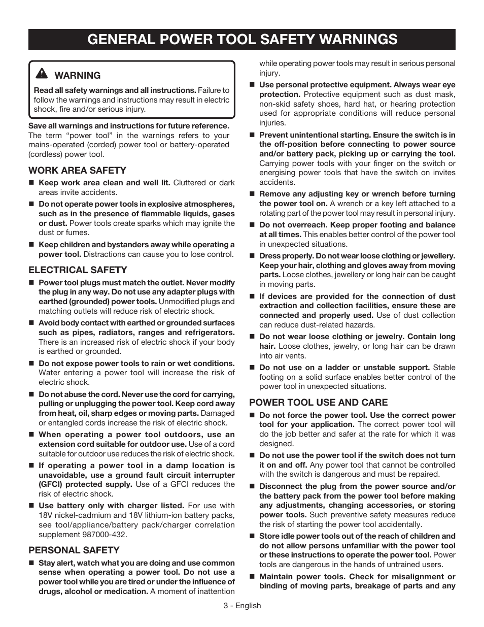 General power tool safety warnings | Ryobi P504 User Manual | Page 3 / 44
