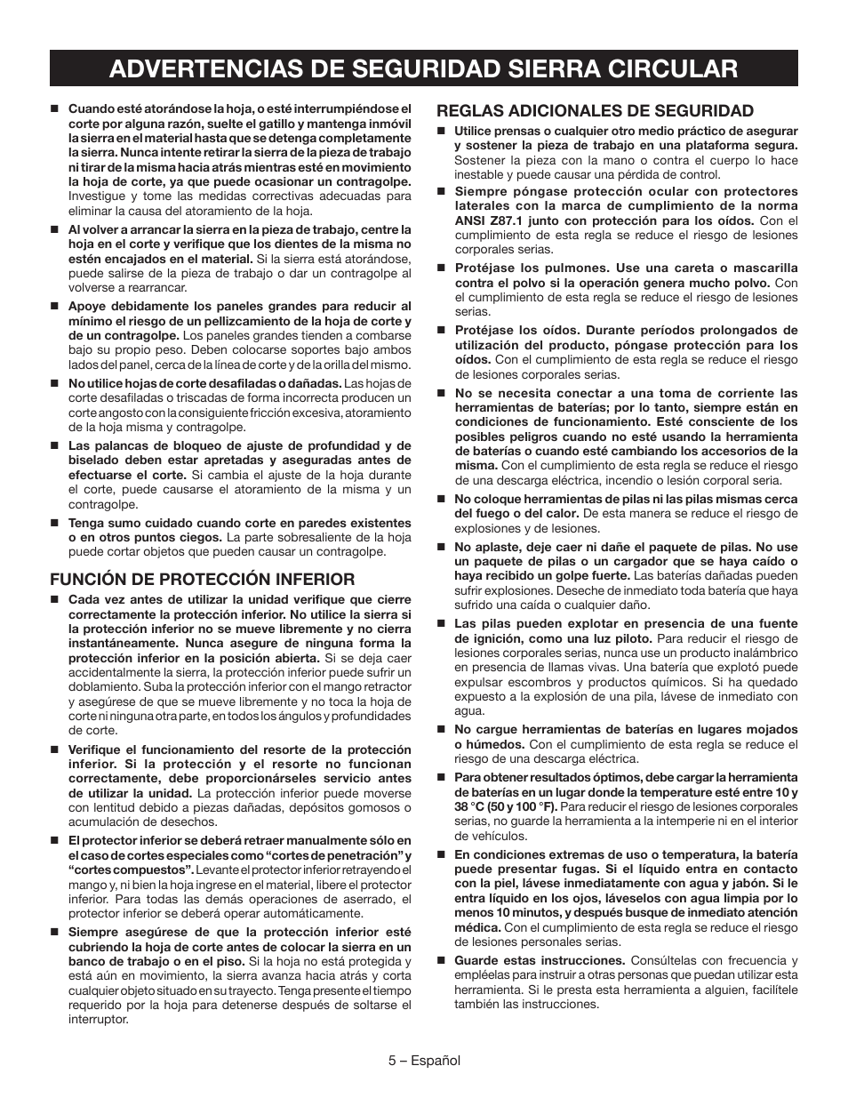 Advertencias de seguridad sierra circular, Función de protección inferior, Reglas adicionales de seguridad | Ryobi P504 User Manual | Page 31 / 44