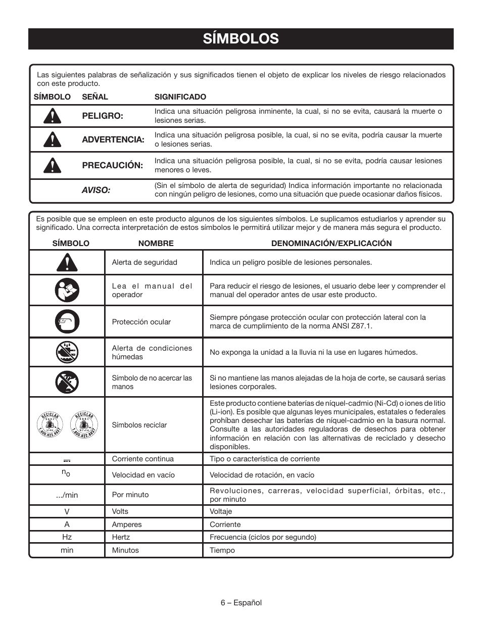 Símbolos | Ryobi P504 User Manual | Page 32 / 44