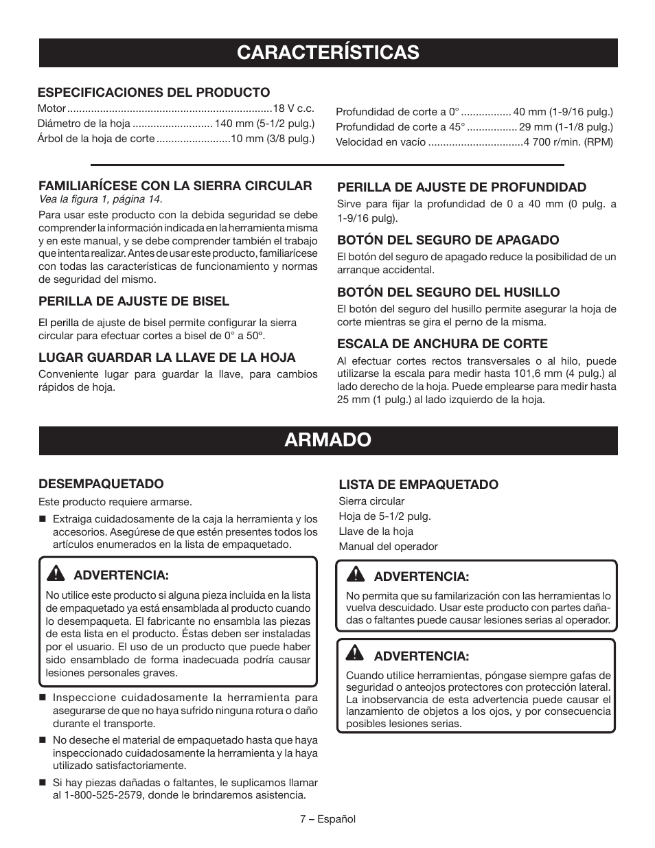 Características, Armado | Ryobi P504 User Manual | Page 33 / 44
