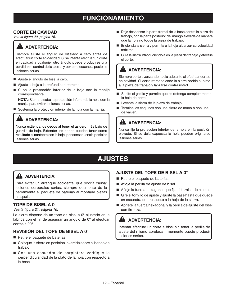 Funcionamiento, Ajustes | Ryobi P504 User Manual | Page 38 / 44