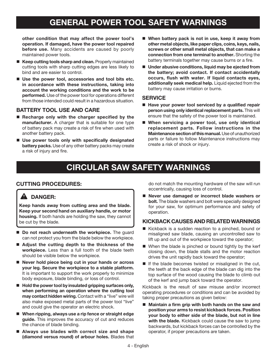Circular saw safety warnings, General power tool safety warnings | Ryobi P504 User Manual | Page 4 / 44