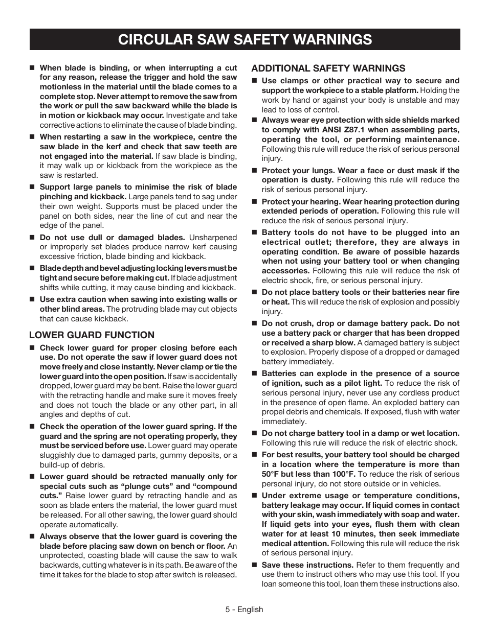 Circular saw safety warnings | Ryobi P504 User Manual | Page 5 / 44