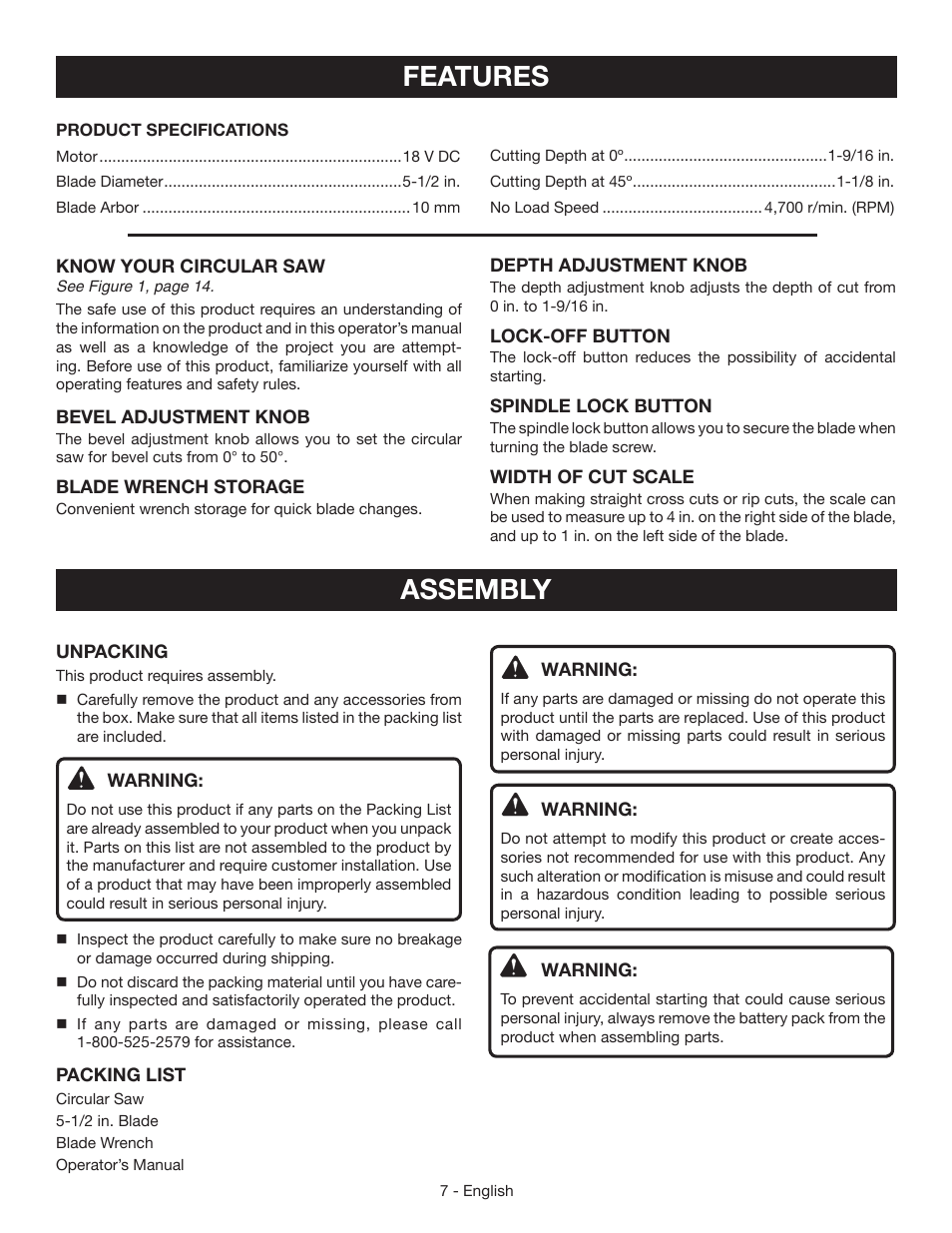 Features, Assembly | Ryobi P504 User Manual | Page 7 / 44