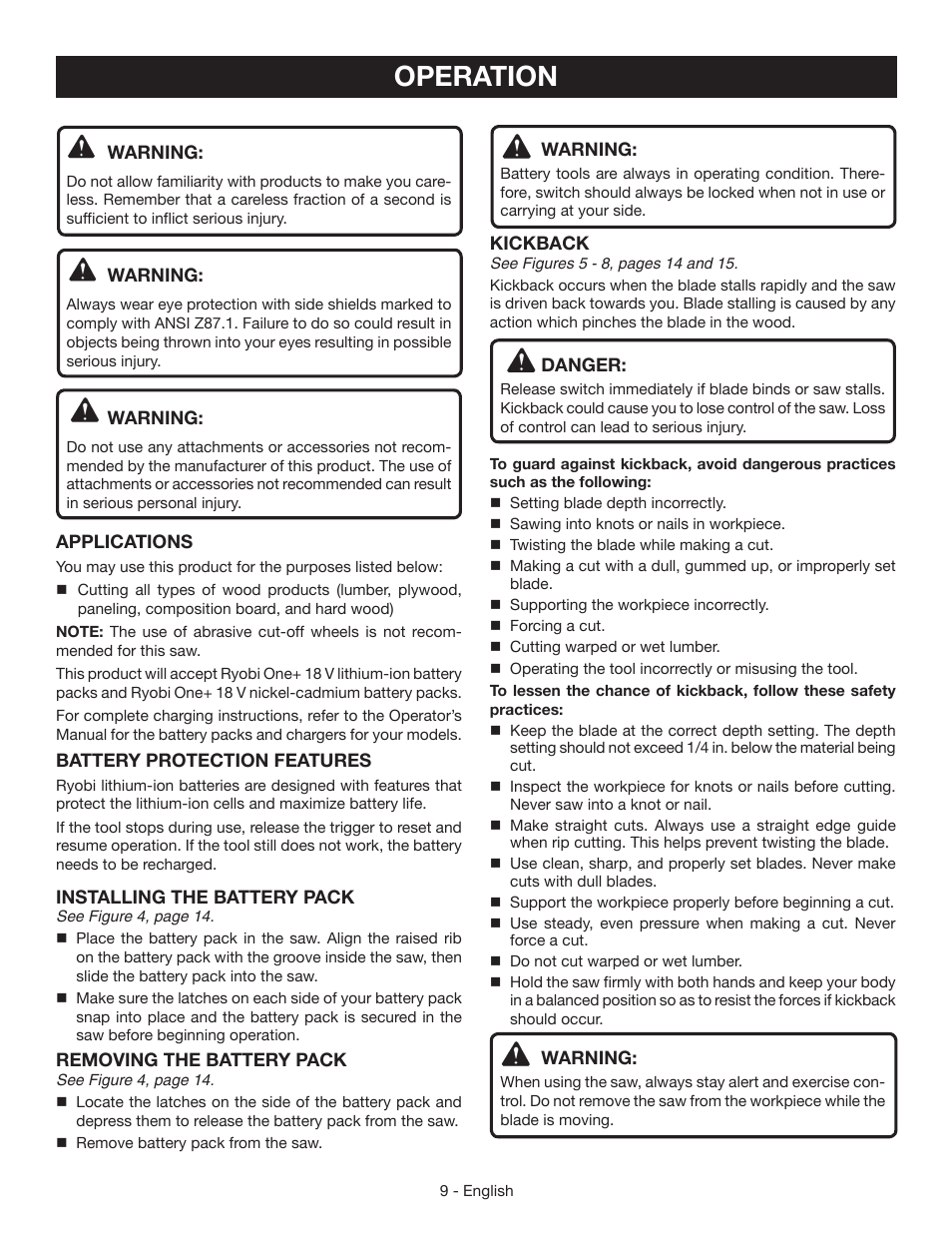 Operation | Ryobi P504 User Manual | Page 9 / 44