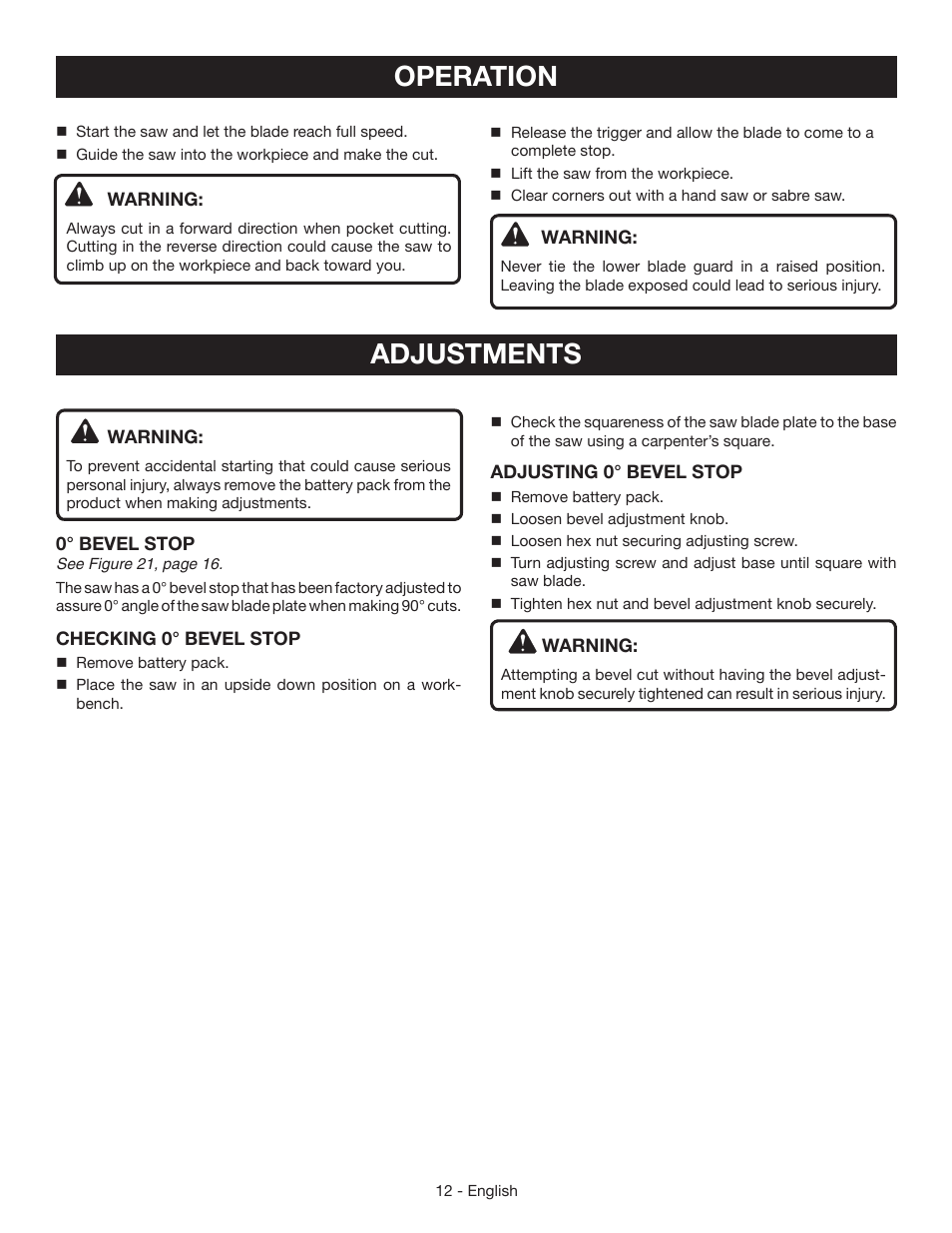 Operation, Adjustments | Ryobi P504G User Manual | Page 12 / 44