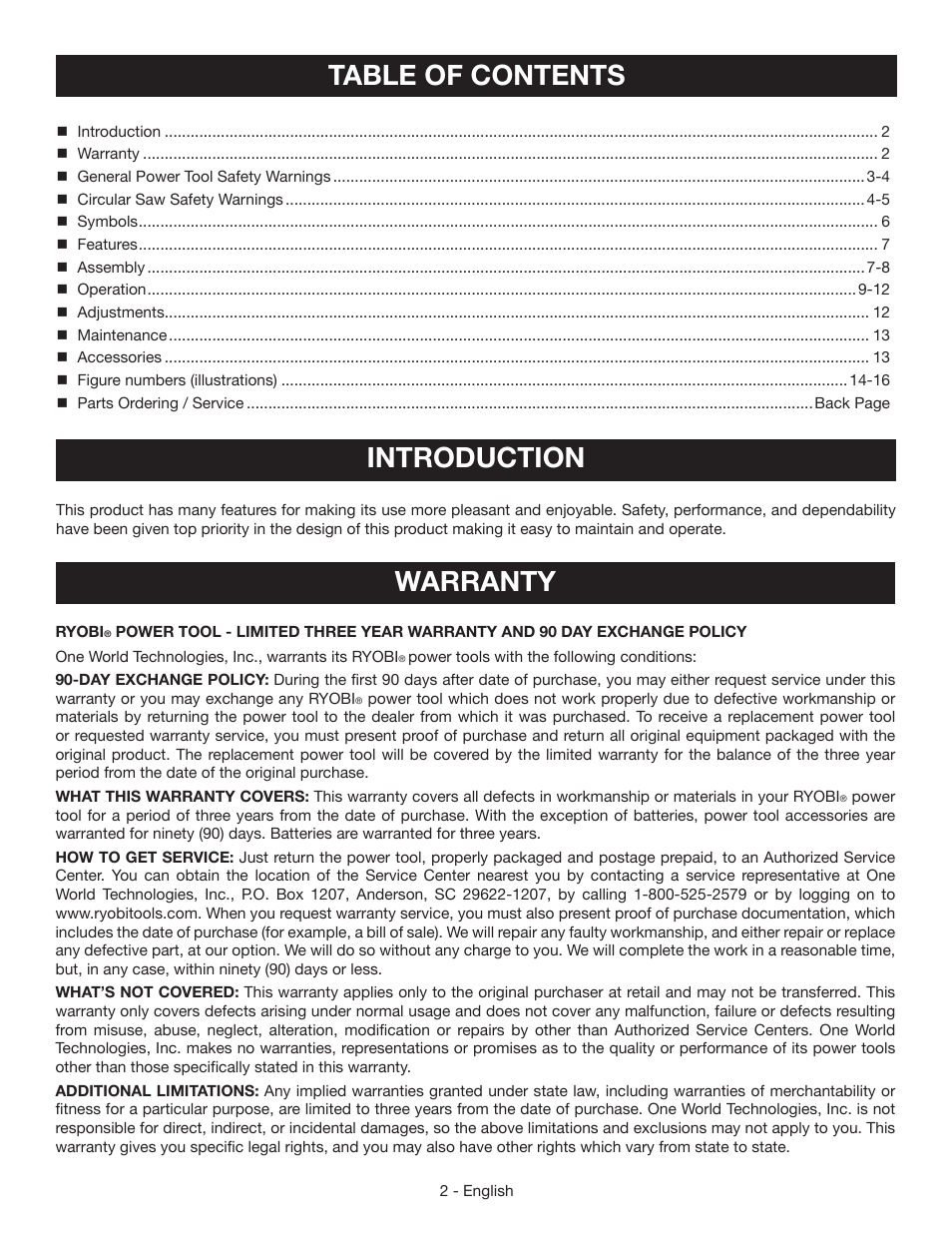 Table of contents introduction, Warranty | Ryobi P504G User Manual | Page 2 / 44