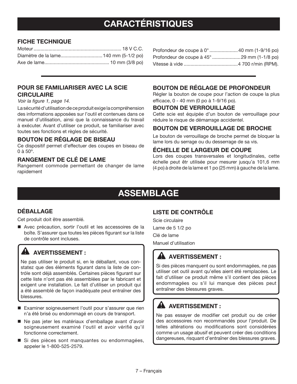 Caractéristiques, Assemblage | Ryobi P504G User Manual | Page 20 / 44