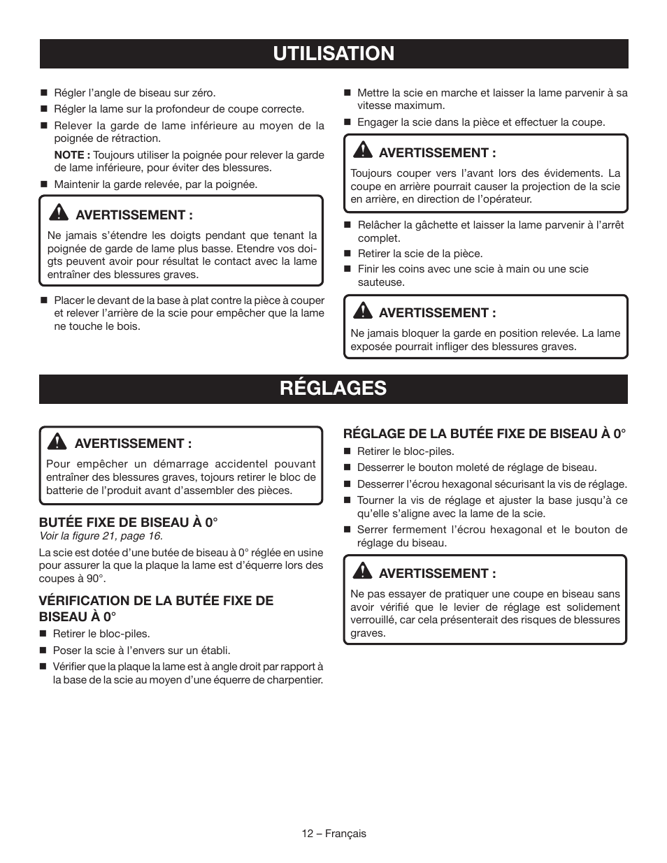 Utilisation, Réglages | Ryobi P504G User Manual | Page 25 / 44