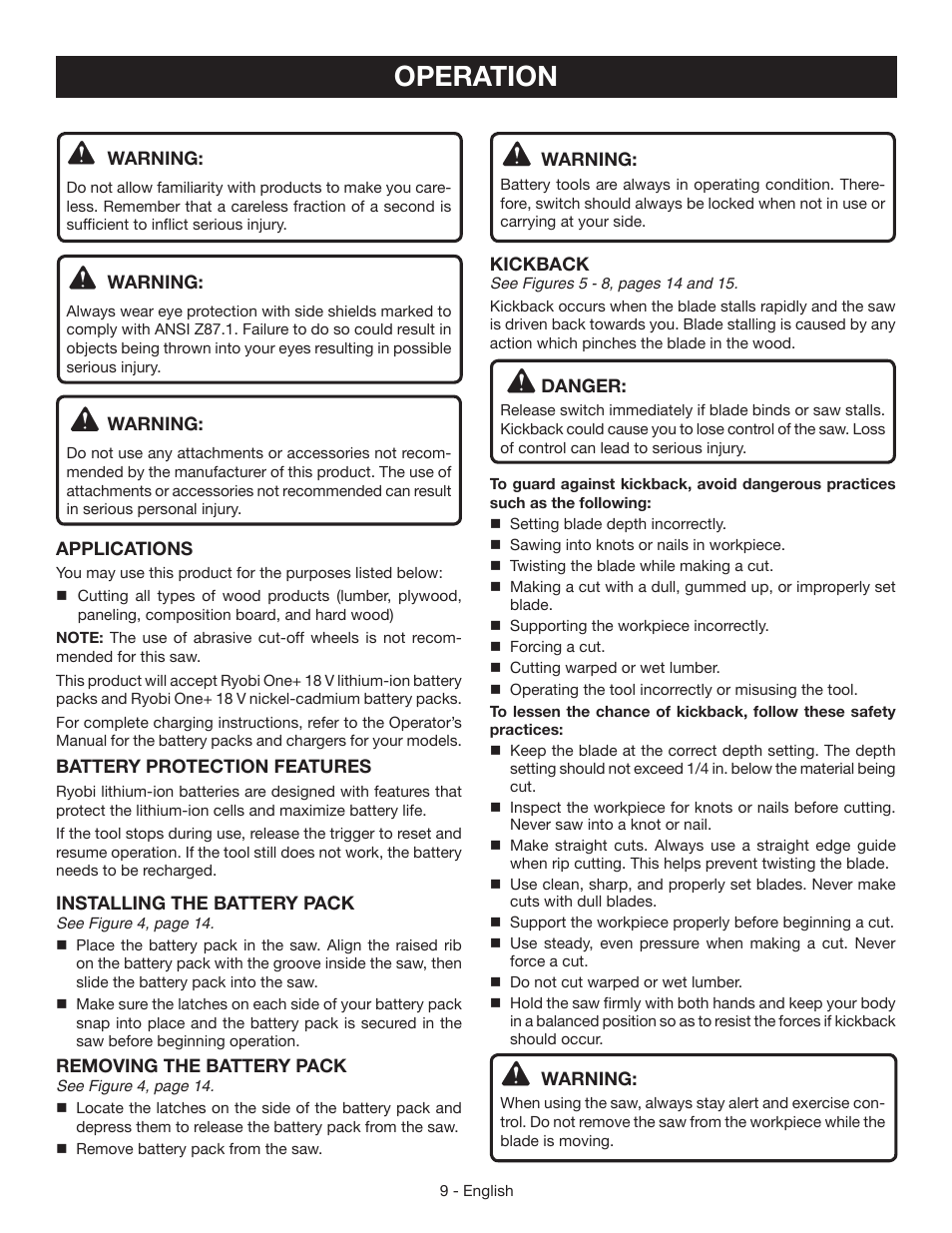 Operation | Ryobi P504G User Manual | Page 9 / 44