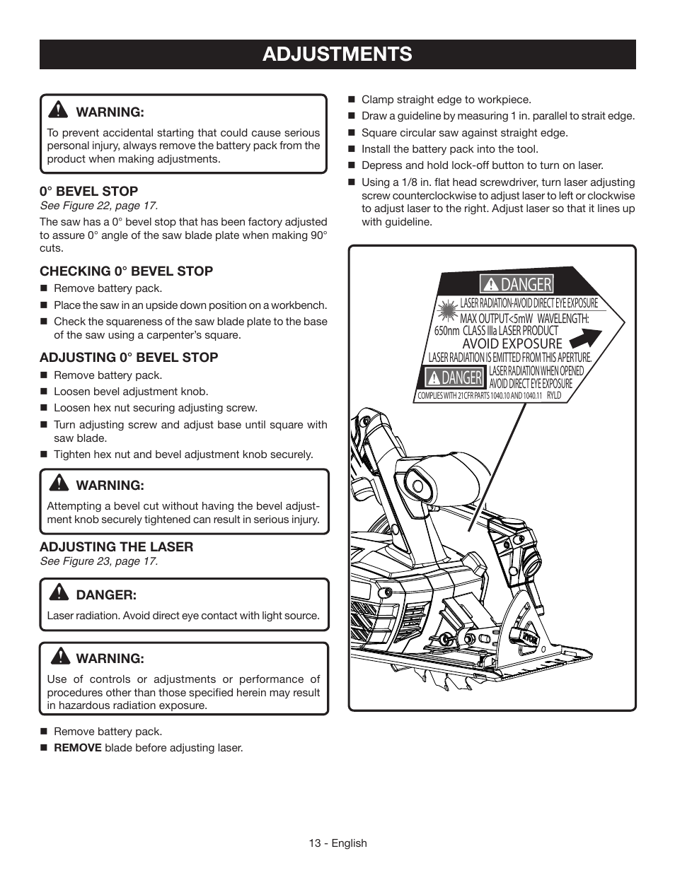 Adjustments, Danger, Avoid exposure | Ryobi P506 User Manual | Page 13 / 44