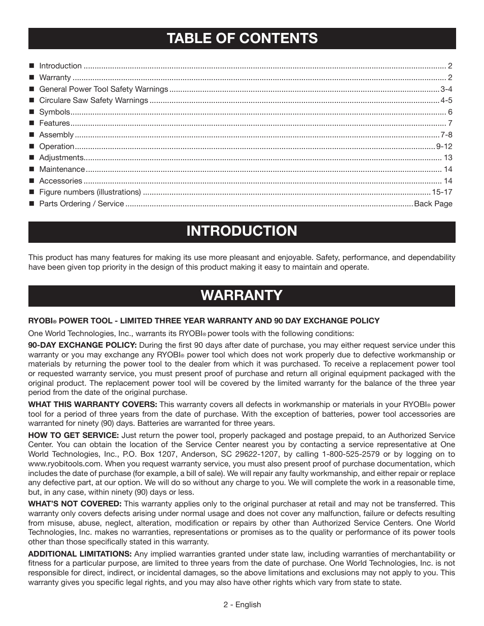 Table of contents introduction, Warranty | Ryobi P506 User Manual | Page 2 / 44