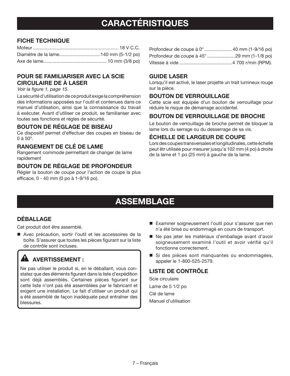 Caractéristiques, Assemblage | Ryobi P506 User Manual | Page 20 / 44