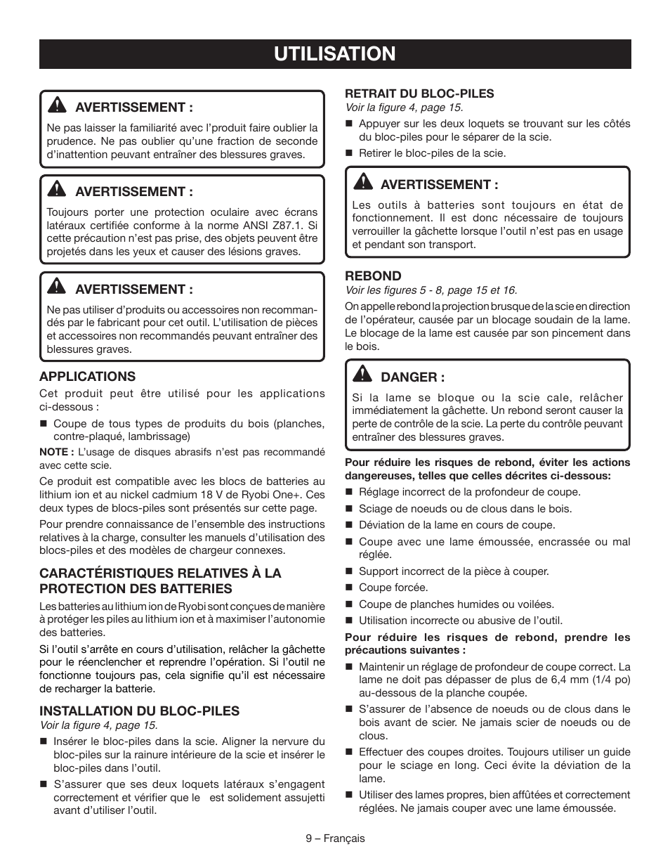 Utilisation | Ryobi P506 User Manual | Page 22 / 44